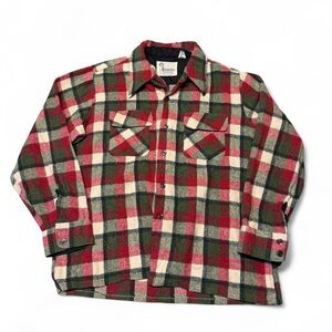 Vintage 70s Brewster wool blend plaid flannel board shirt red green L mens